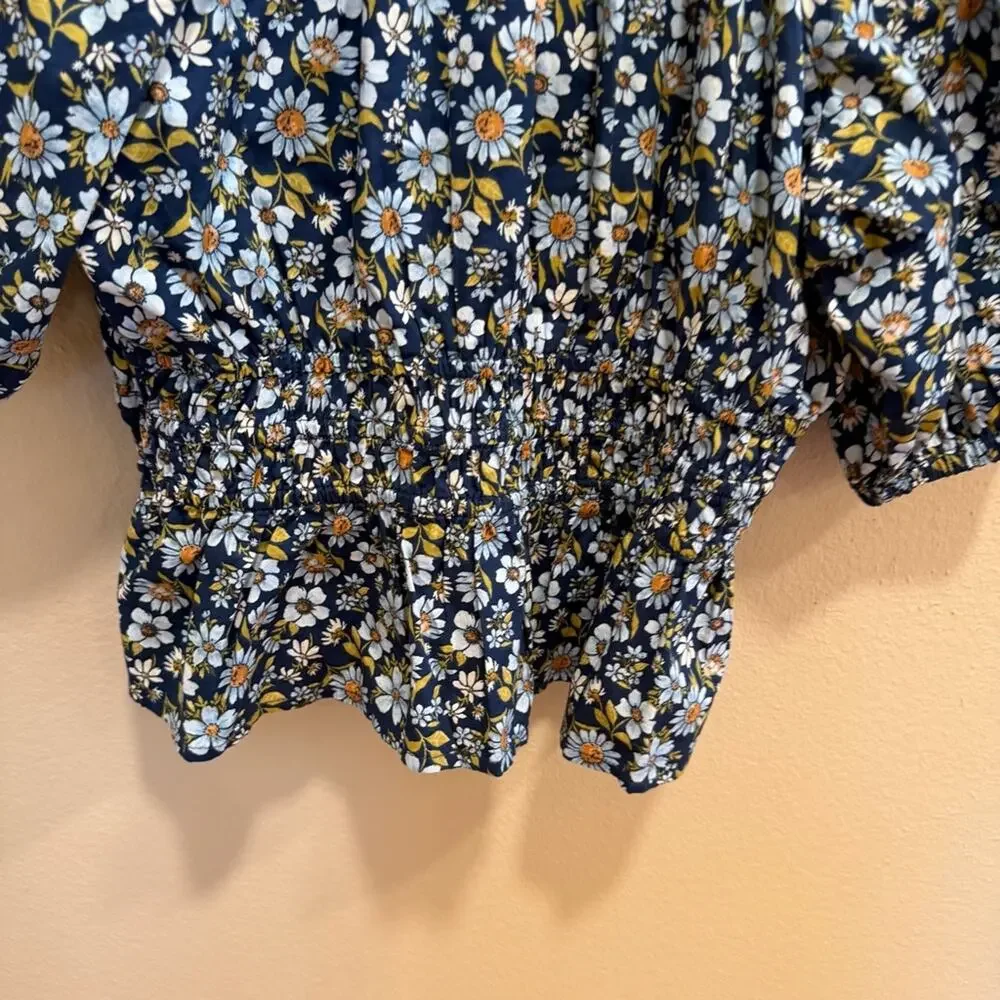 Old Navy Blue Cotton Floral Puff Sleeve Blouse Top Medium